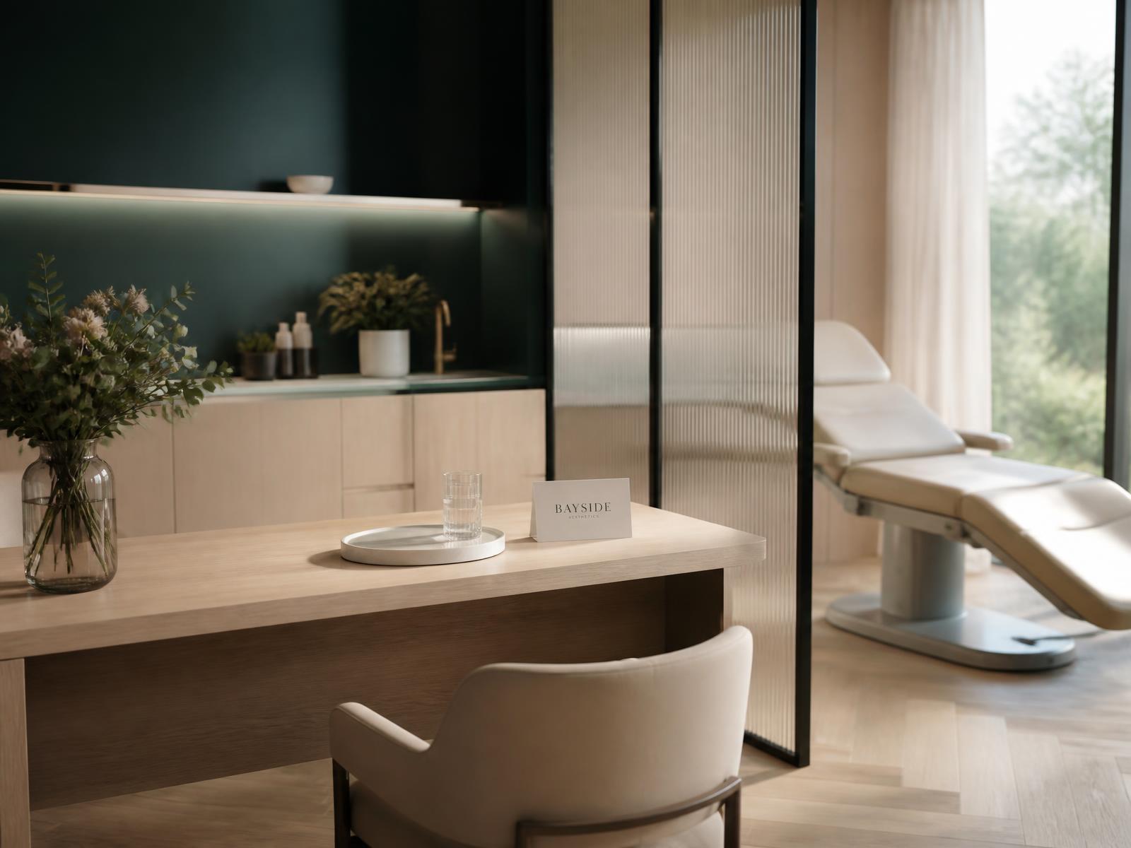 Calm, modern aesthetic clinic consultation room with natural light